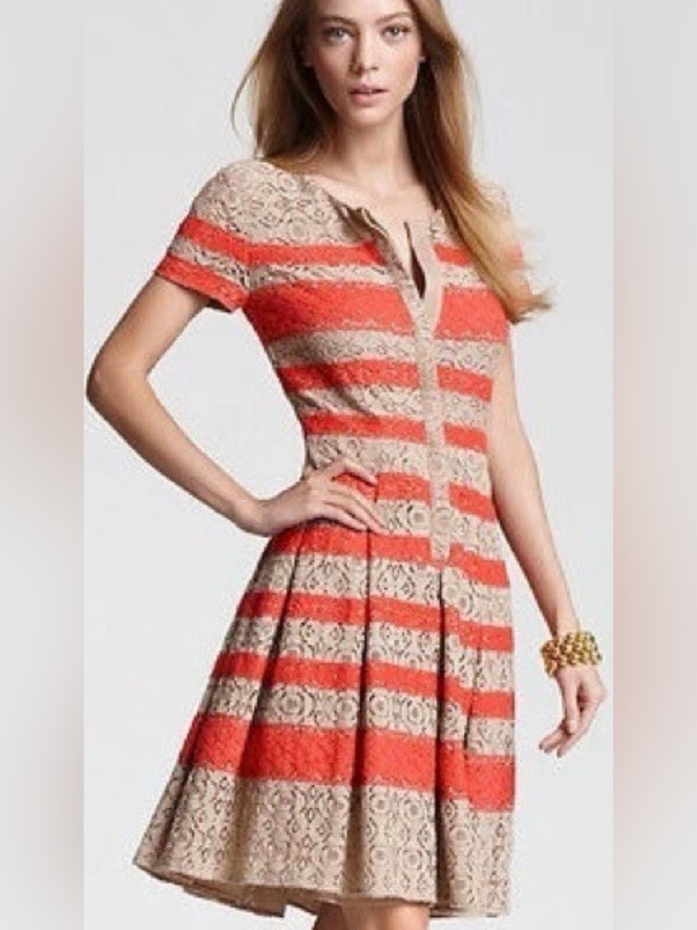 BCBG MAXAZRIA Mixed Lace Cotton Drasen Striped Pleated Shirt Dress Size 6